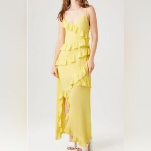 Forever 21, yellow asymmetrical, sleeveless, ruffle maxi dress, size XL